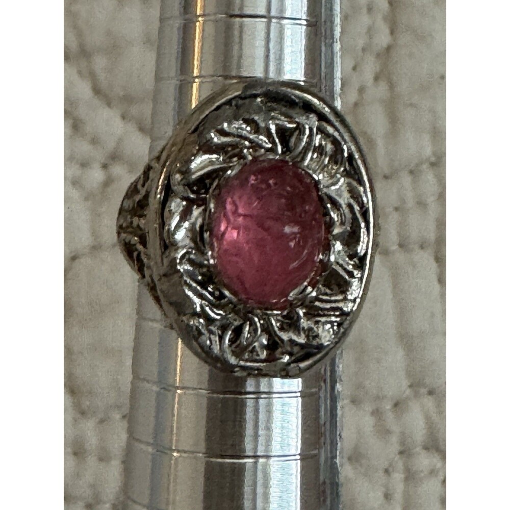 18k White Gold Electroplate Ring With Pink Scarab Glass, Vintage, Size 6